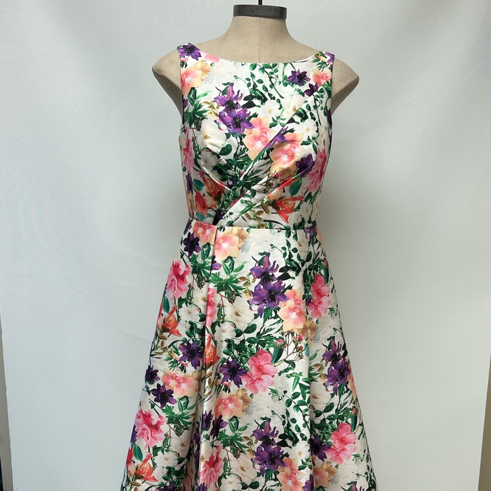Aidan Mattox flower print sleeveless midi pleated cocktail dress - Picture 7 of 8